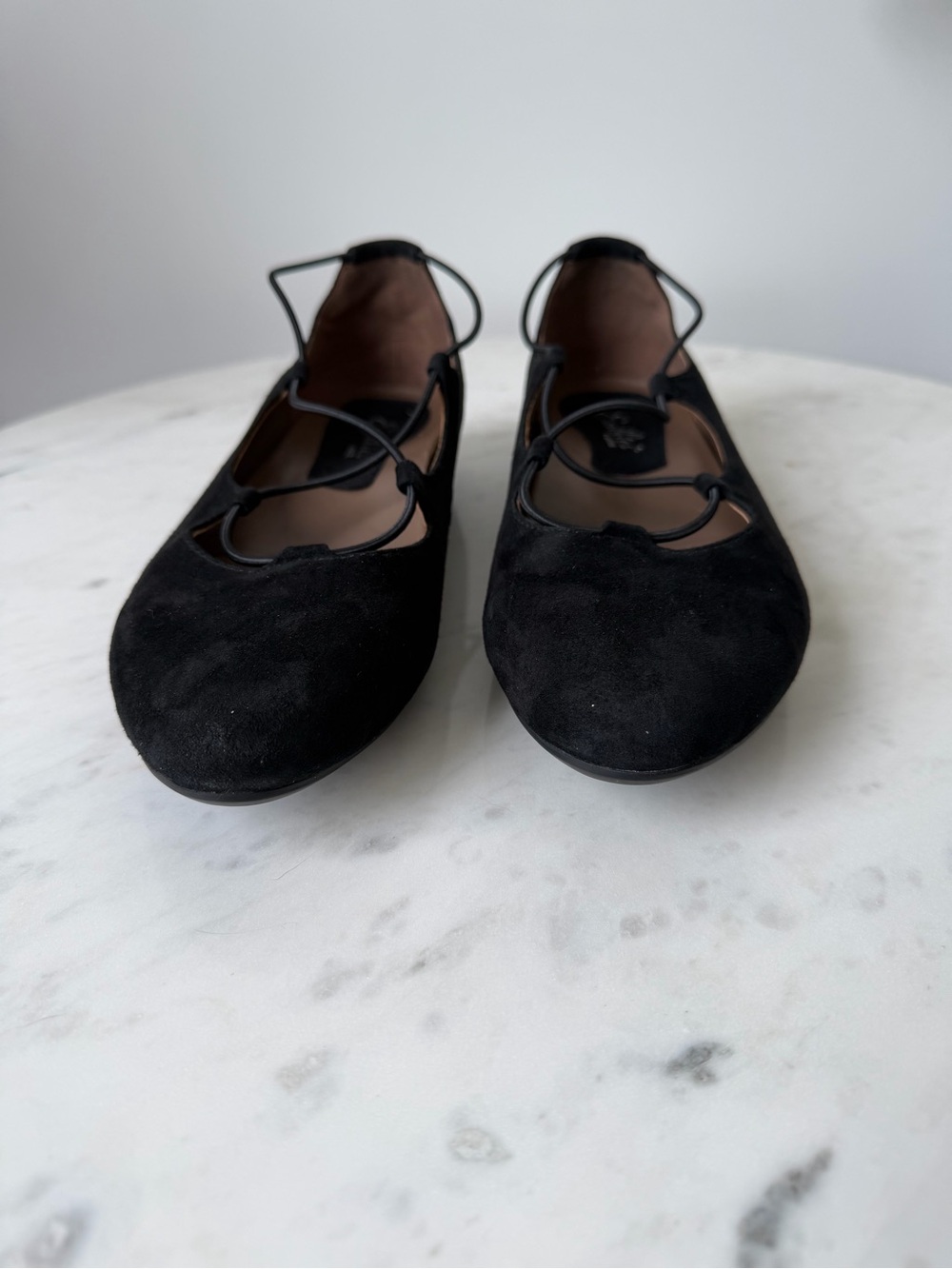 Earthies Black Suede Lace-Up Ballet Flats - Women's